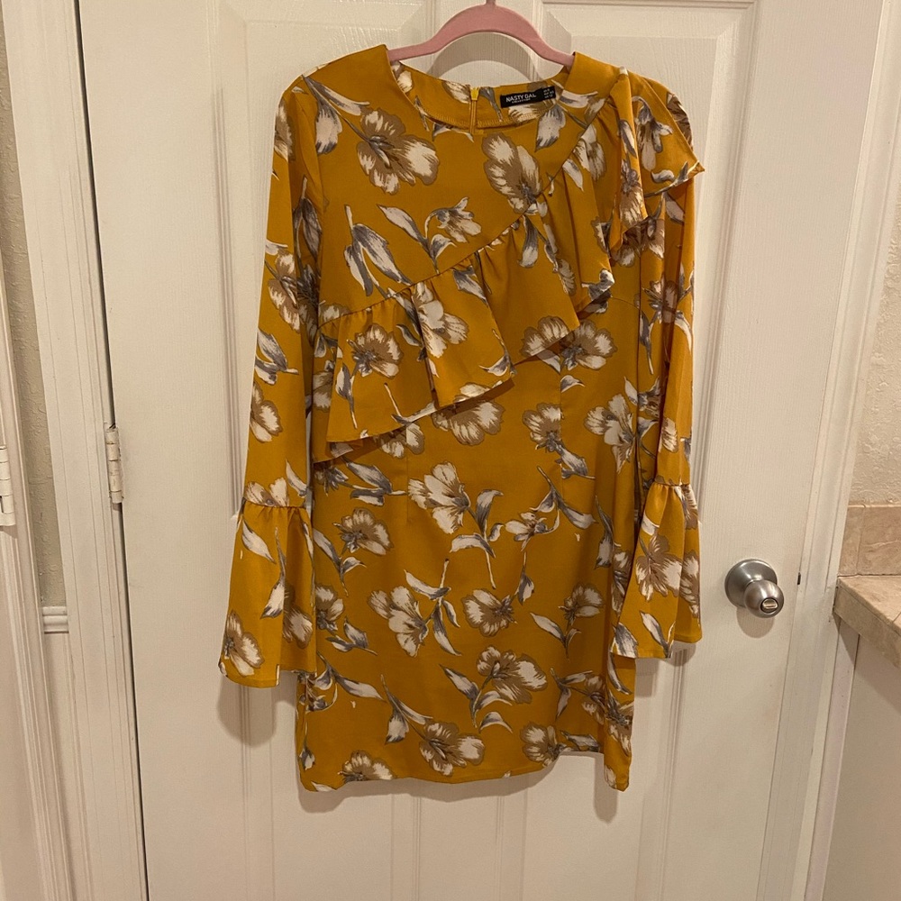 Mustard yellow floral long flare sleeve dress